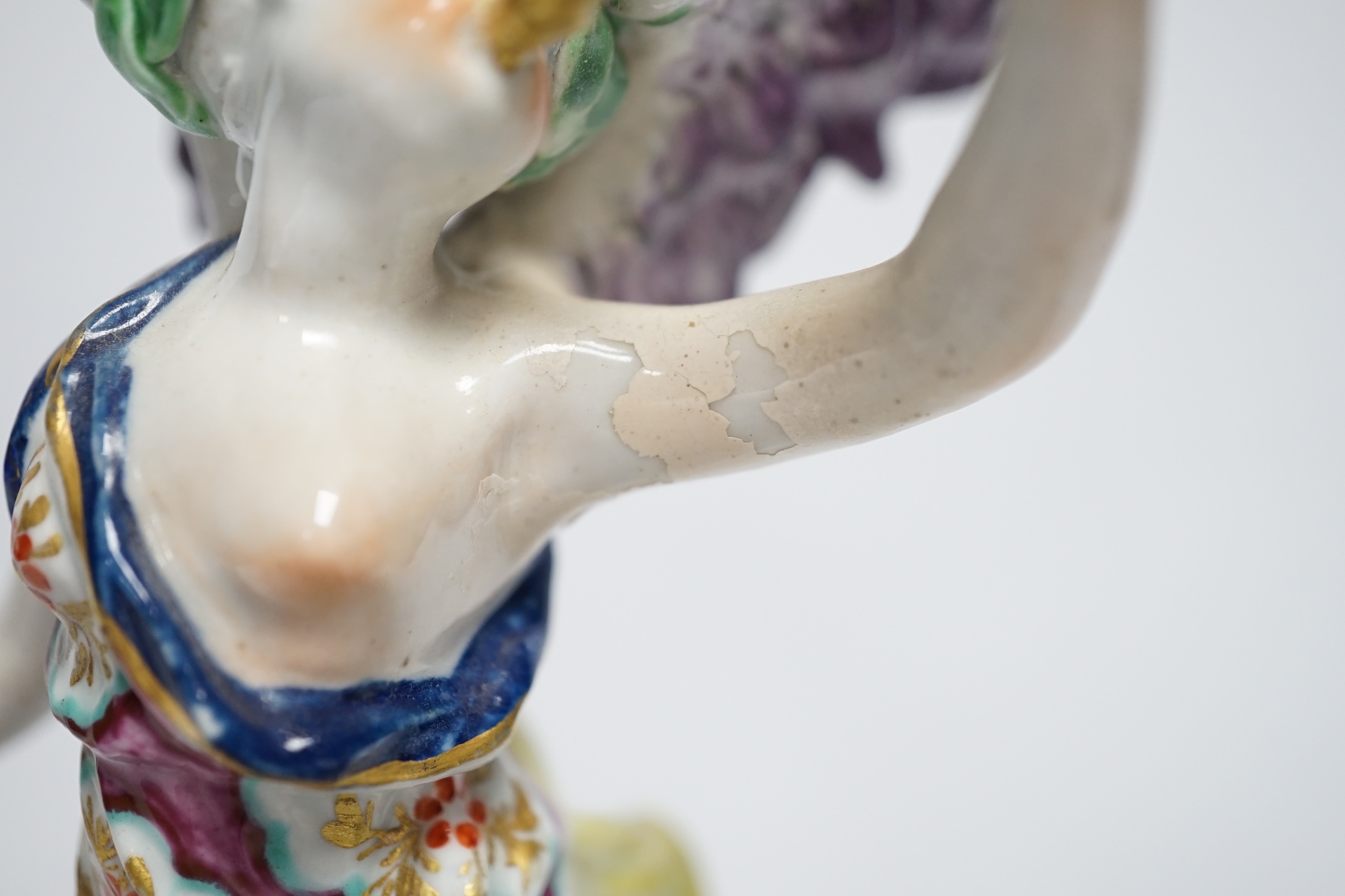 A Bow porcelain figure of Fame, c.1760-5 and two Derby figures emblematic of Europe and Autumn, c.1760-70, tallest 21cm (3)
